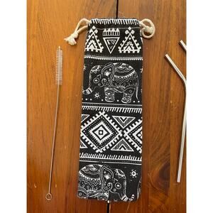 Stainless Steel Straw Set in Pouch Straw Cleaner 8 Straws Elephant Black White